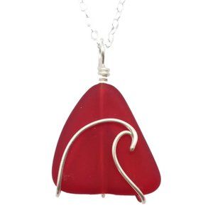 Wire Wave Ruby Red Sea Glass Necklace Women Jewelry Gift